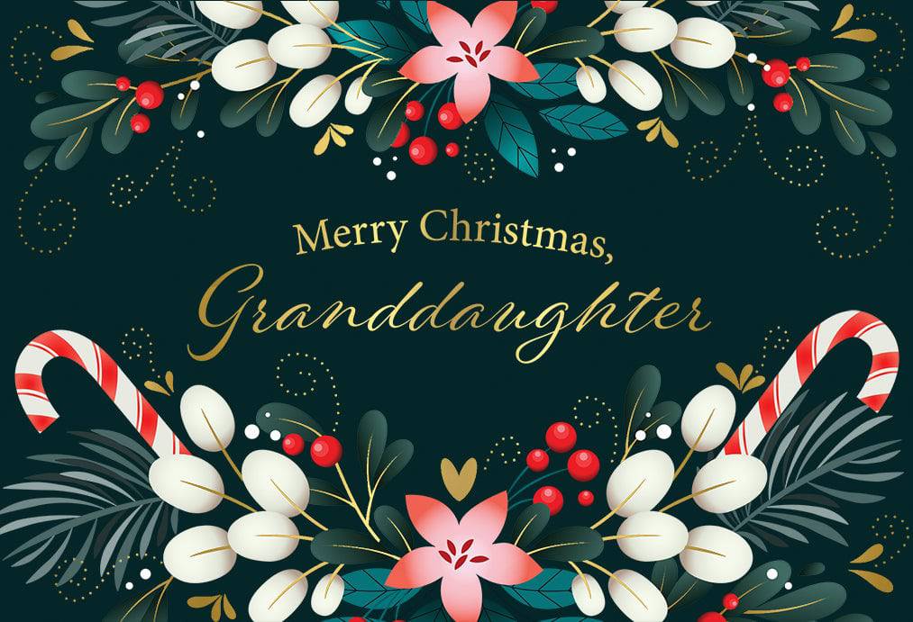 Pictura Christmas card featuring flowers and a candy cane design, celebrating granddaughter with festive holiday imagery.